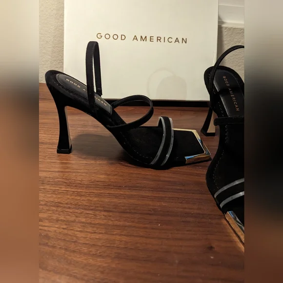 NWT & Box Sz 8.5 good American black suade sandal heels, square toe gold… - Picture 7 of 7